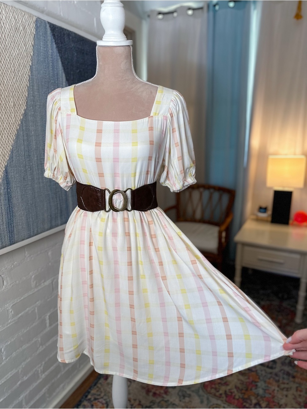 White Pink and Yellow Puff Sleeve Dress